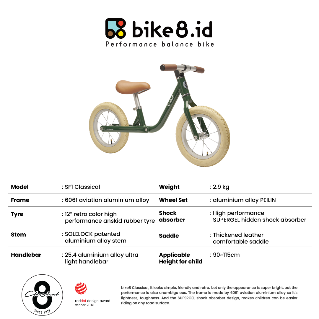 BIKE8 Retro Classic Balance Bike Pushbike Sepeda Anak - POSTAL GREEN